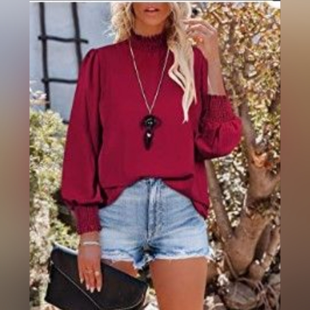 Women's Puff Sleeve Ruffle Mock Neck Casual Loose Back Zip Up Chiffon Blouse